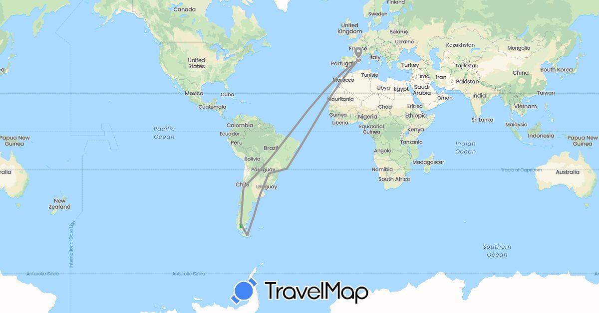 TravelMap itinerary: bus, plane in Argentina, Brazil, Chile, Spain (Europe, South America)